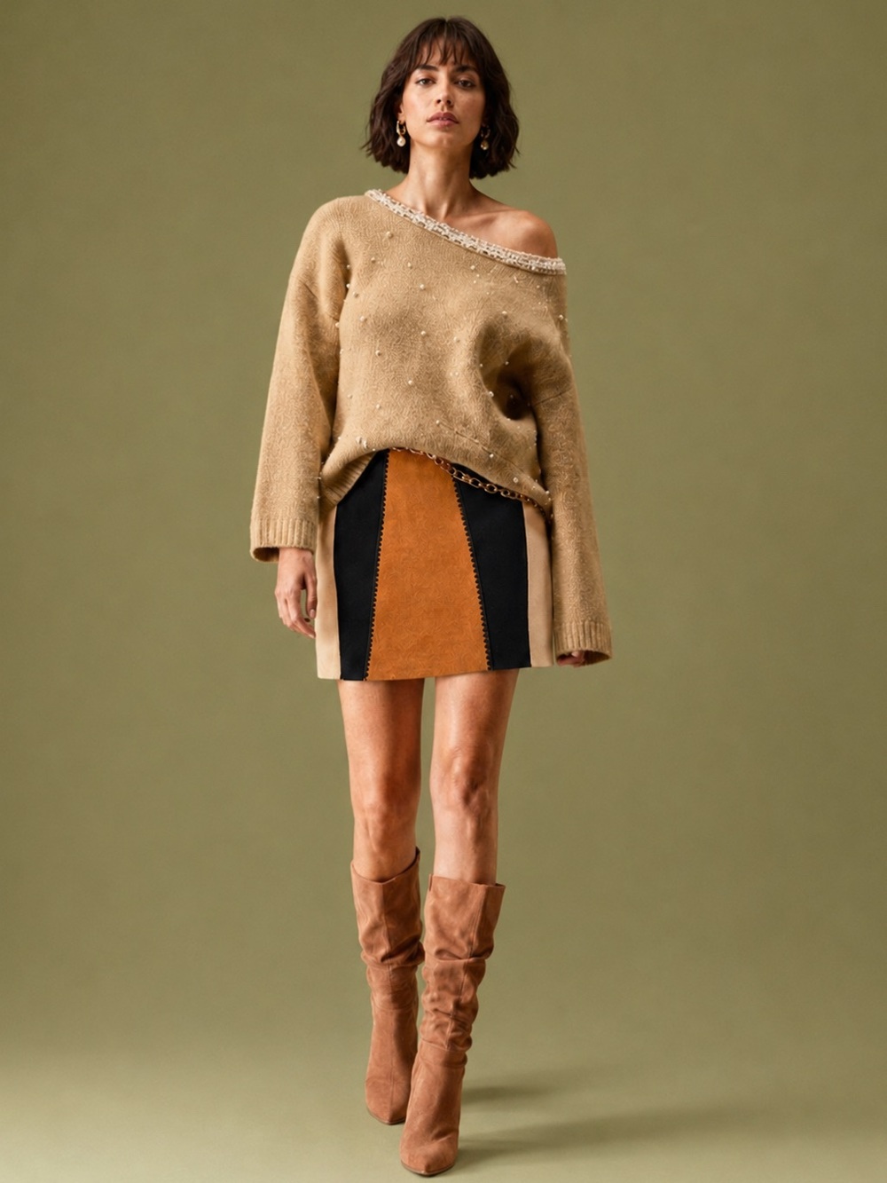 Zara Colorblock Faux Suede Mini Skirt Brown Cream Black Size Small